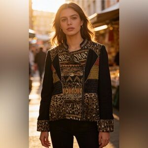 Lulu H Patchwork Embroidered Two Button Blazer